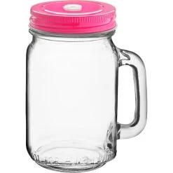 Acopa Rustic Charm 16 Oz. Drinking Jar With Handle And Pink Metal Lid With Straw Hole - 12/Case -Wasserstrom store 2450032