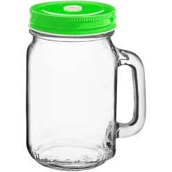 Acopa Rustic Charm 16 Oz. Drinking Jar With Handle And Green Metal Lid With Straw Hole - 12/Case -Wasserstrom store 2450034