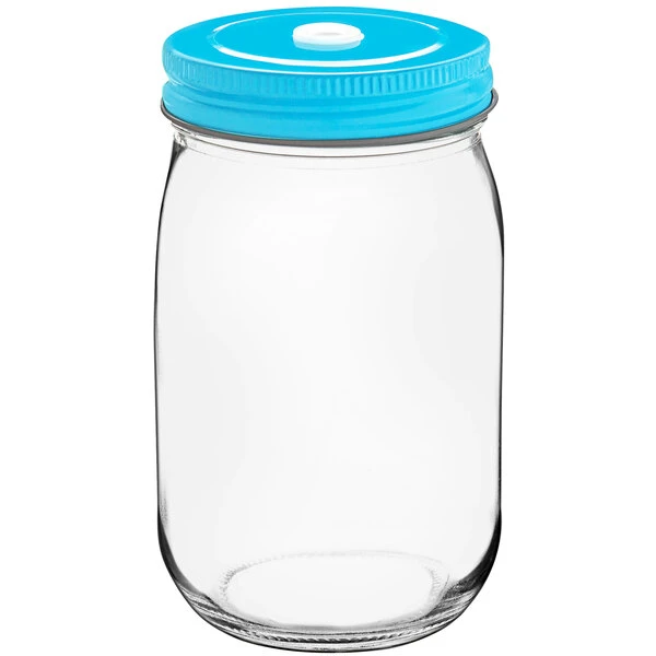 Acopa Rustic Charm 16 Oz. Drinking Jar With Blue Metal Lid With Straw Hole - 12/Case 4 Acopa Rustic Charm 16 Oz. Drinking Jar With Blue Metal Lid With Straw Hole - 12/Case - Image 2