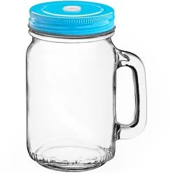 Acopa Rustic Charm 16 Oz. Drinking Jar With Handle And Light Blue Metal Lid With Straw Hole - 12/Case -Wasserstrom store 2450185