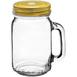 Acopa Rustic Charm 16 Oz. Drinking Jar With Handle And Gold Metal Lid With Straw Hole - 12/Case -Wasserstrom store 2451220